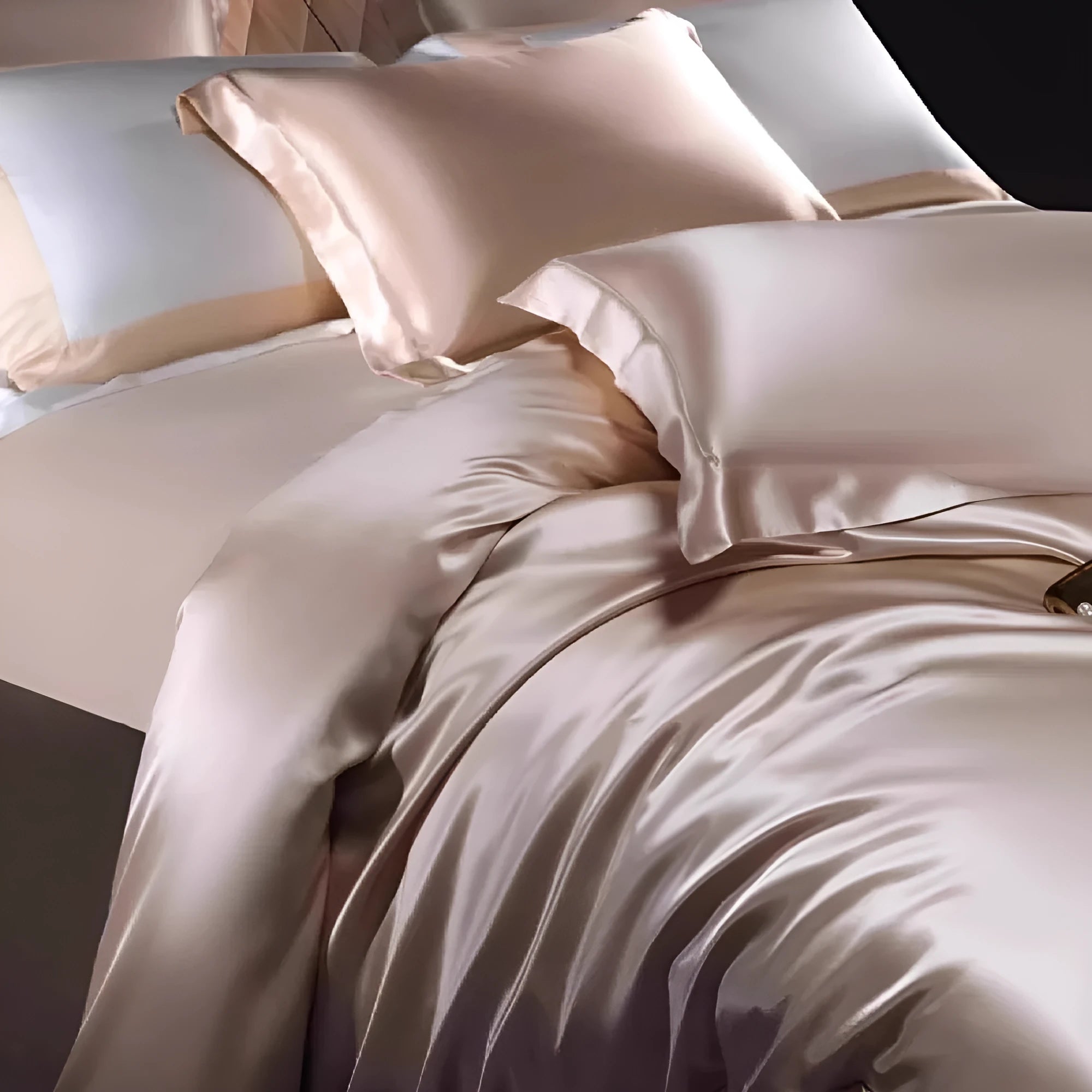 Solid colour silk quilt cover set on a bed, showing duvet cover and pillowcases in a champagne gold hue.