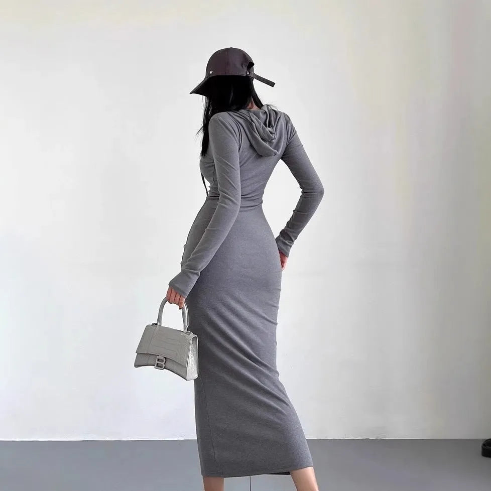Women's grey hooded long sleeve sheath dress with high waist and over the knee length.