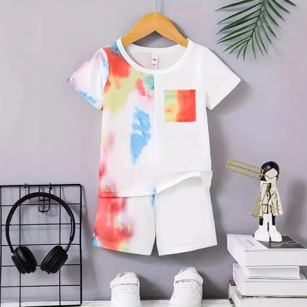 Boys' casual short sleeve t-shirt and shorts two-piece summer set with cartoon pattern in multiple colours