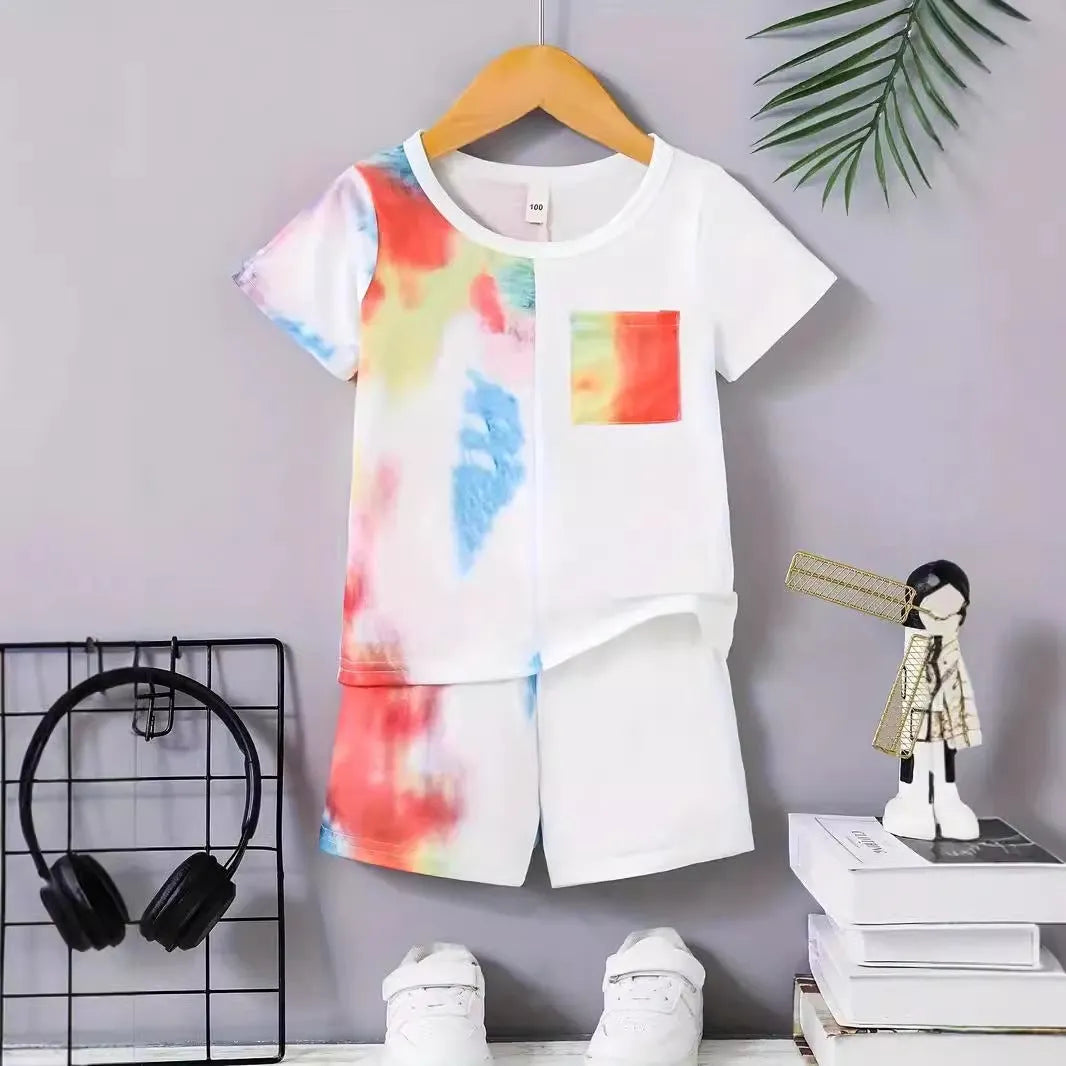 Boys' casual short sleeve t-shirt and shorts two-piece summer set with cartoon pattern in multiple colours