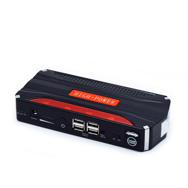 Black red 12V emergency jump starter power bank with 7800mAh capacity for vehicle starting