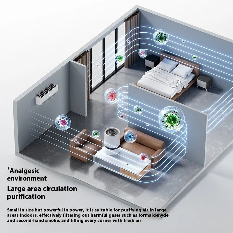 White desktop air purifier with USB cable on a wooden desk