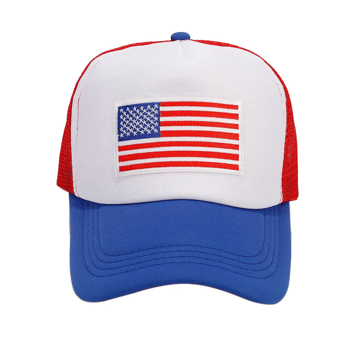 Red and blue colour block mesh baseball cap with adjustable strap on a dome crown.