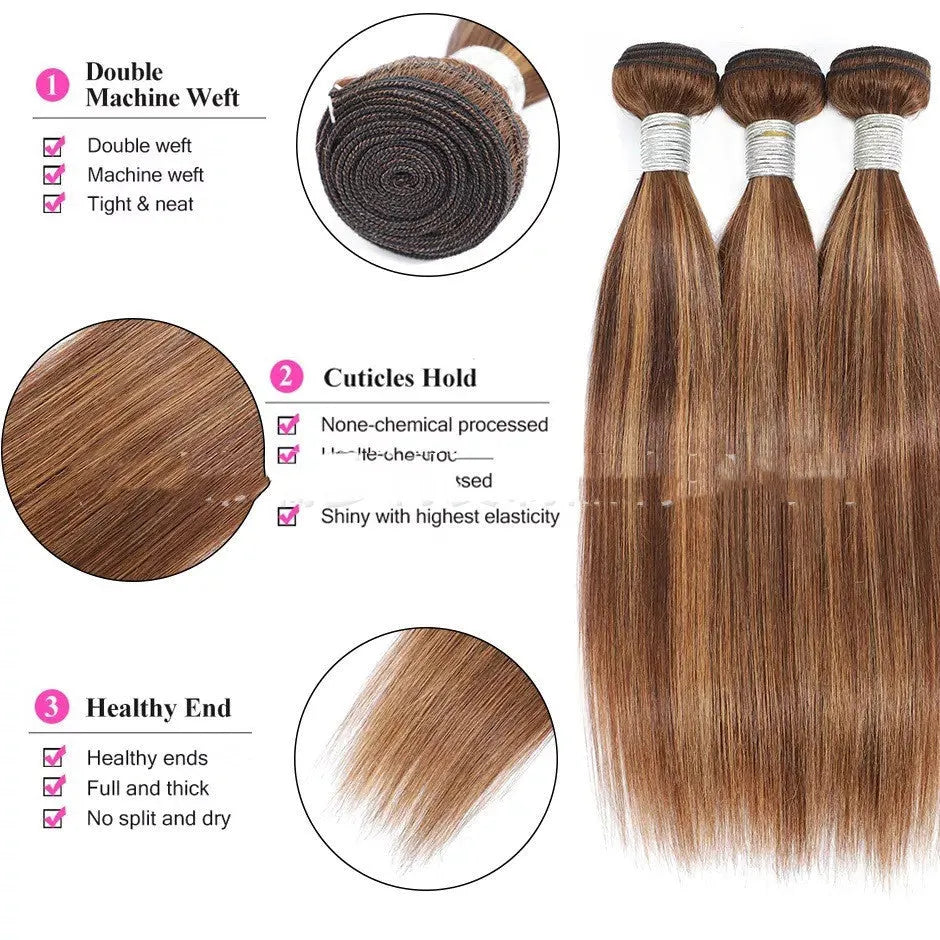 Human hair wig piece with long straight hair and side bangs in 8A bundle bubble hair, piano colour effect, 8-32 inch lengths