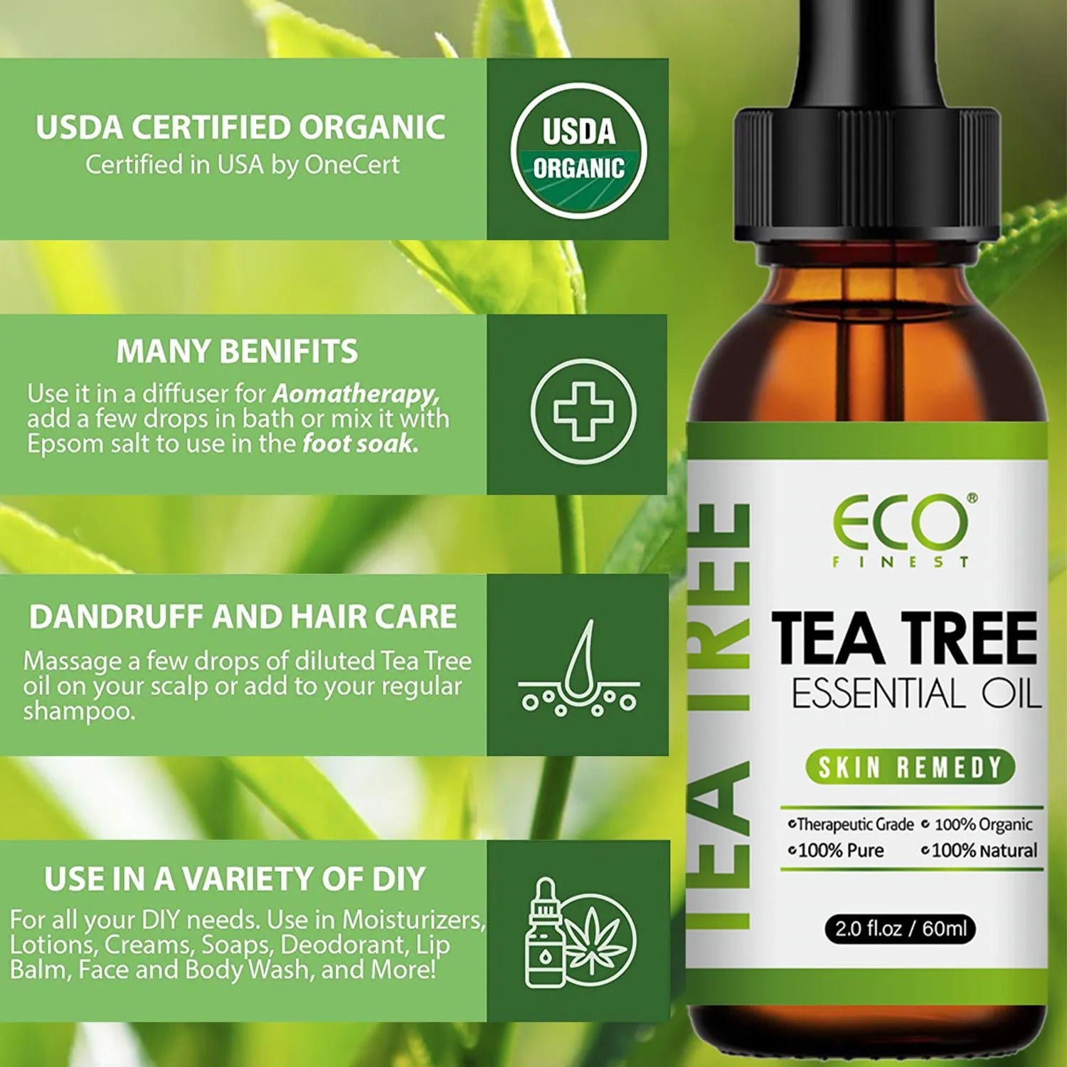 60ml glass bottle of tea tree essential oil with dropper for skincare and massage use