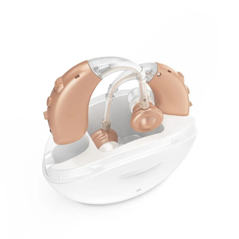 Beige rechargeable hearing aid with charger, USB powered, ear-back design for elderly