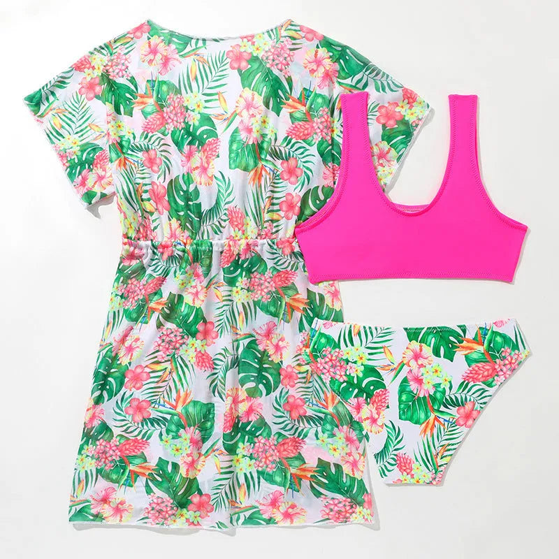 Girls' two-piece floral swimsuit in Korean style with high elasticity polyester fabric