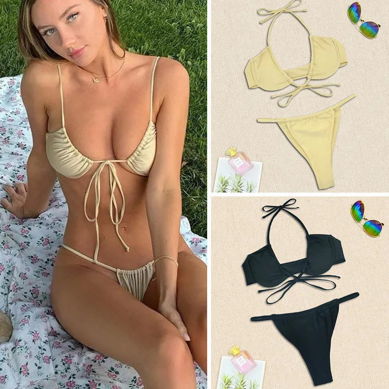 Women's black or mint green split bikini set with bra top and briefs on a neutral background.