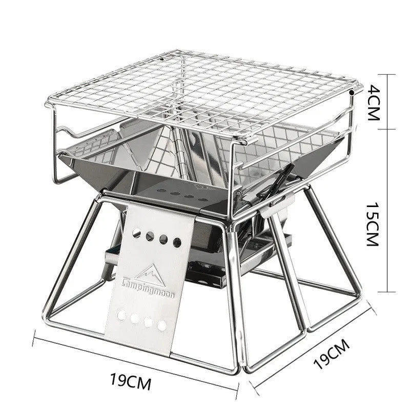Portable stainless steel folding BBQ grill with non-stick surface in silver, with carrying case, for outdoor camping and picnics