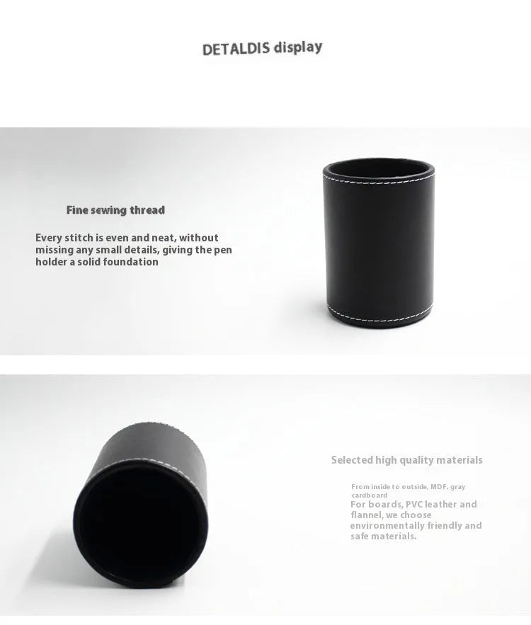 Black leather round pen container with 8.0cm diameter measurement