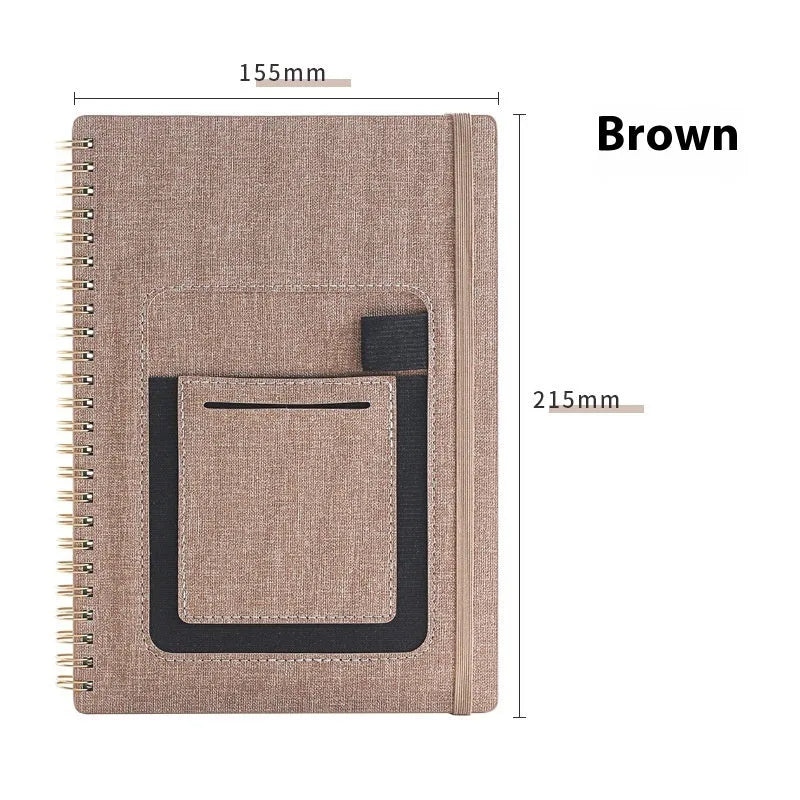 Erasable coil notebook with customisable cover options, featuring waterproof rock paper and included pen