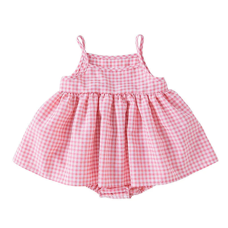 Baby sling romper dress in plaid pattern, princess style, polyester, available in pink or light green, sizes 68-86