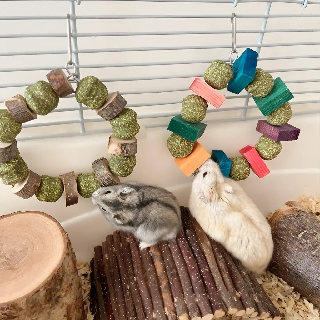 Hamster chew toy with Totoro decorative ring, straw ball, and applewood molar rod