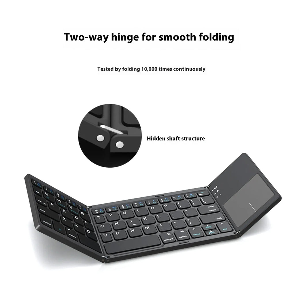 Black tri-fold portable Bluetooth keyboard shown open next to a smartphone, highlighting its slim profile.