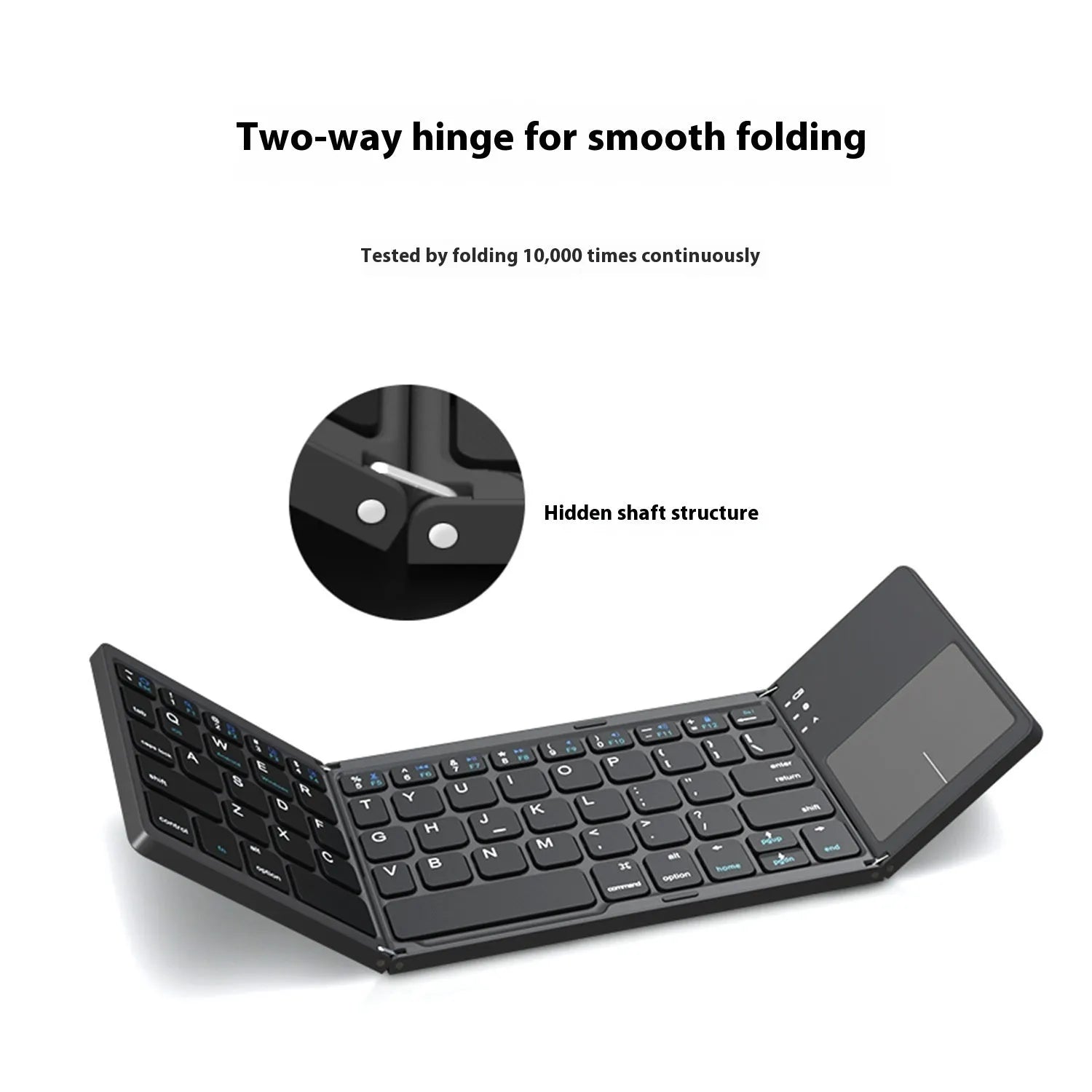 Black tri-fold portable Bluetooth keyboard shown open next to a smartphone, highlighting its slim profile.