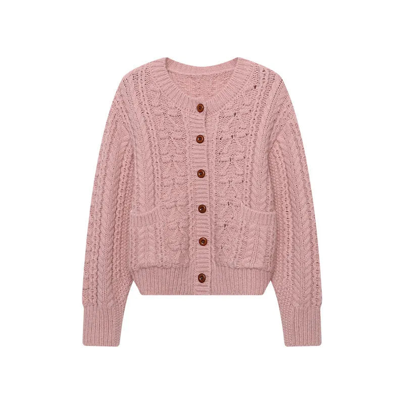 Womens knitted cardigan sweater with thick twisted texture in solid beige, short 40cm length