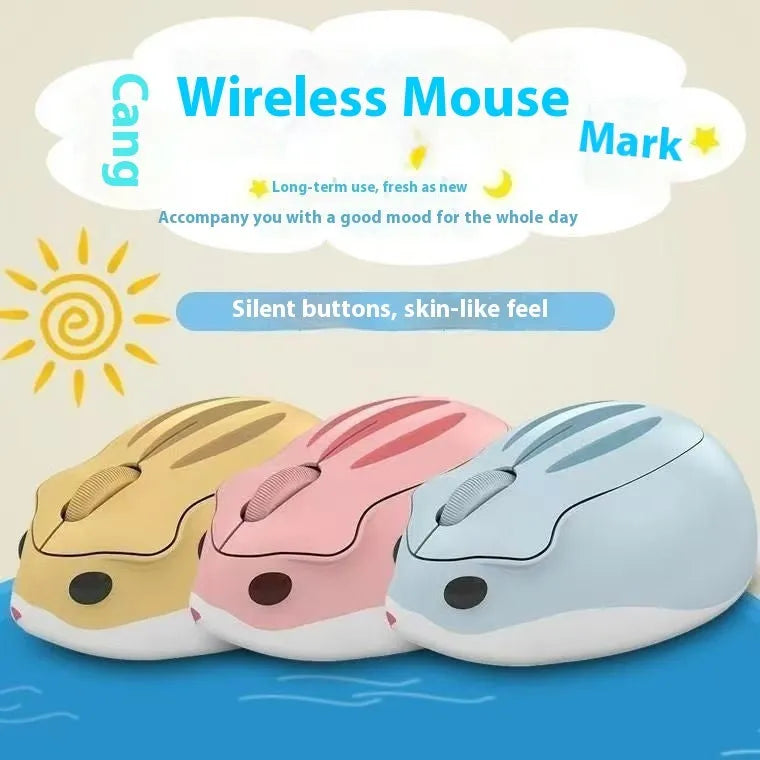 Hamster wireless Bluetooth mouse in yellow, pink, or grey mute colours showing compact design