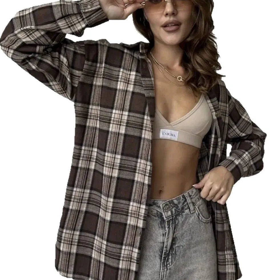 Women's dark brown striped retro shirt with plaid pattern and long sleeves