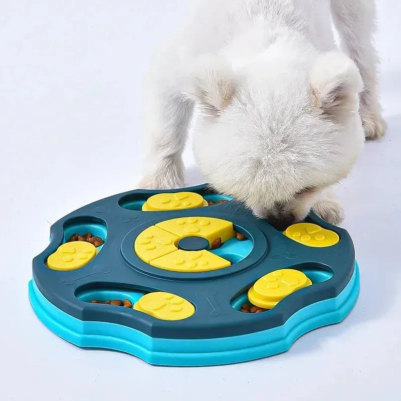 Blue interactive dog food puzzle bowl toy for aggressive chewers with slow feeder design.