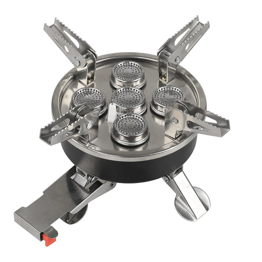 Silver portable split camping stove with fuel hose, shown folded, for outdoor picnic and backpacking.