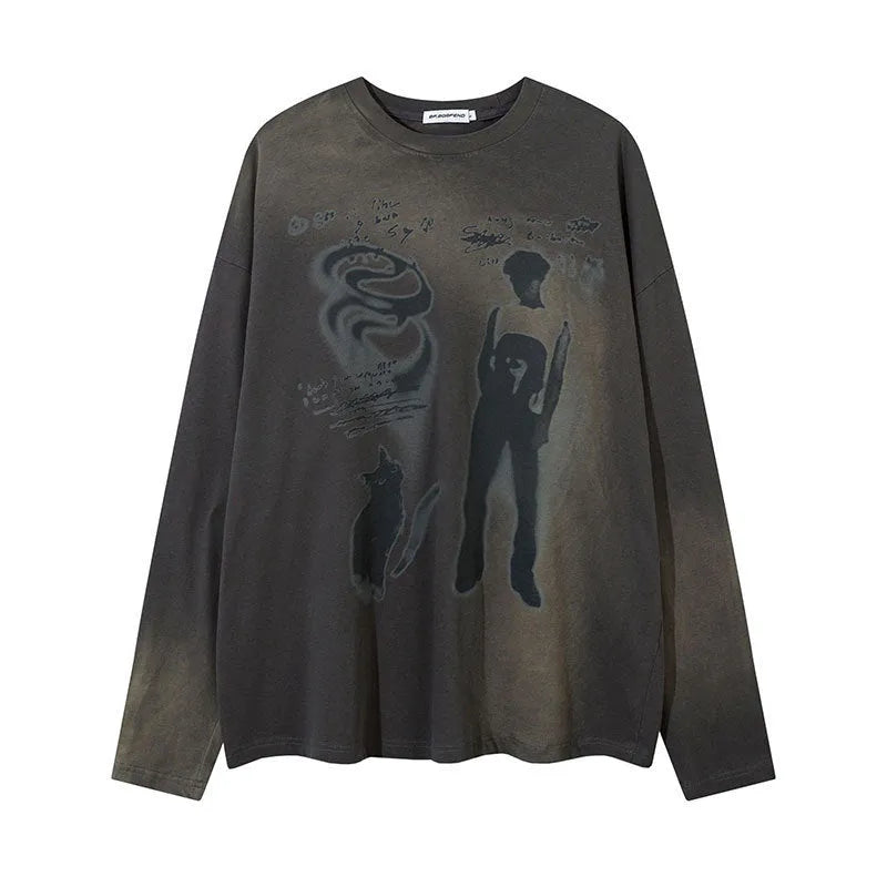 Women's loose fit cotton pullover top in dark grey with letter pattern and drop shoulder sleeves
