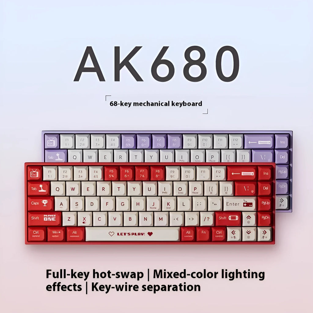 AJAZZ AK680 wired mechanical gaming keyboard in red and white colour scheme on a desktop.