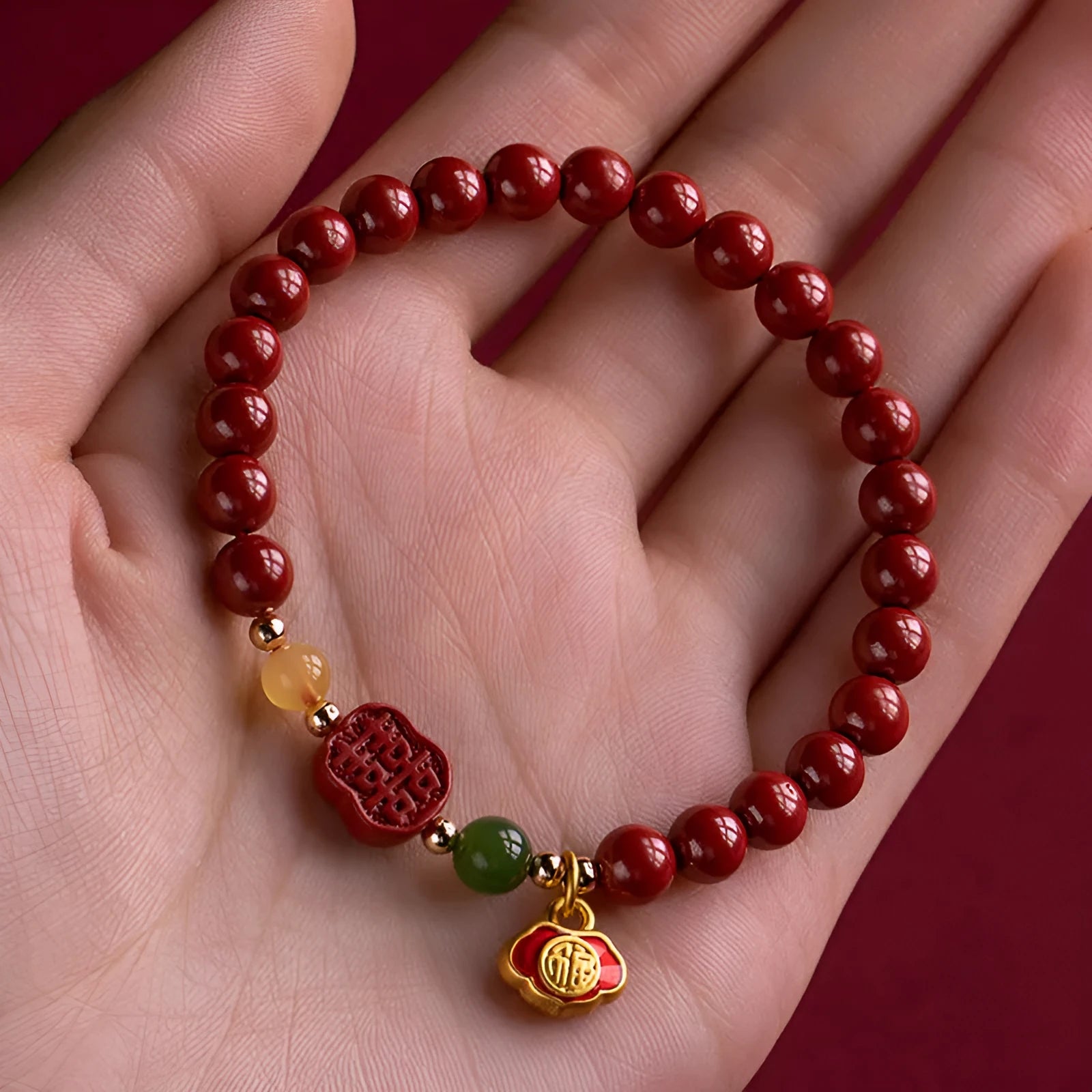 New Chinese style emperor sandstone happy eyebrow bracelet with cinnabar beads and fu character element