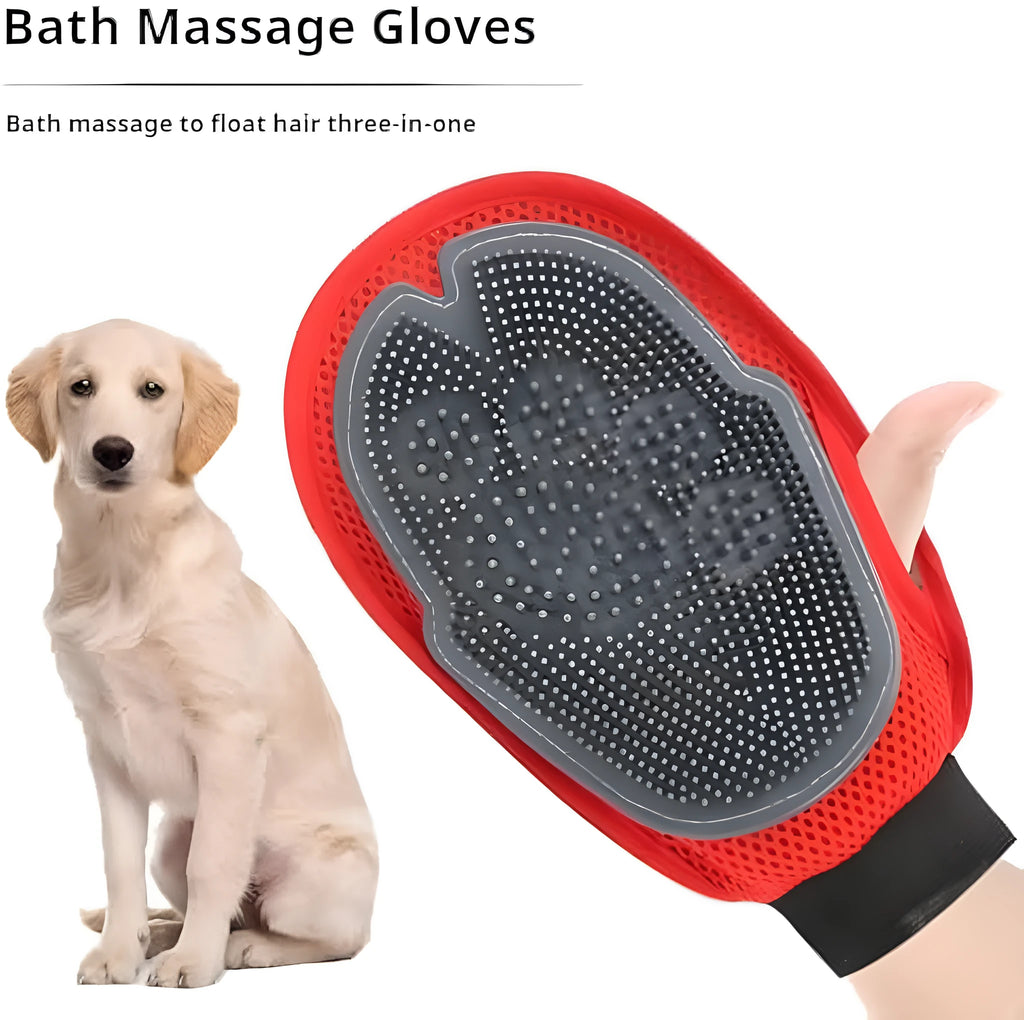 Red pet bathing glove with integrated brush surface for hair removal during dog and cat grooming