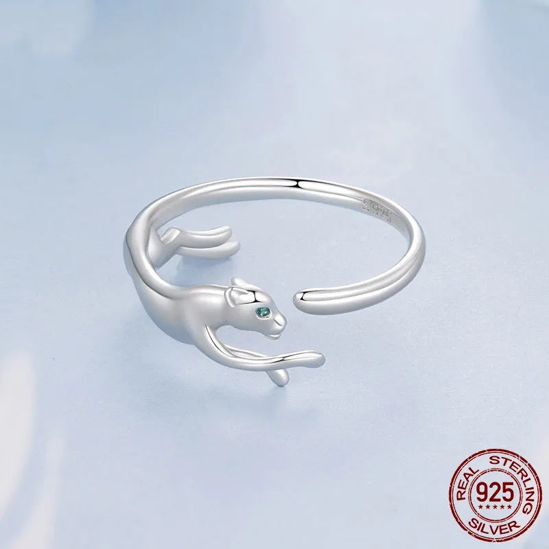 Silver-coloured alloy open ring with leopard print design and adjustable unisex band