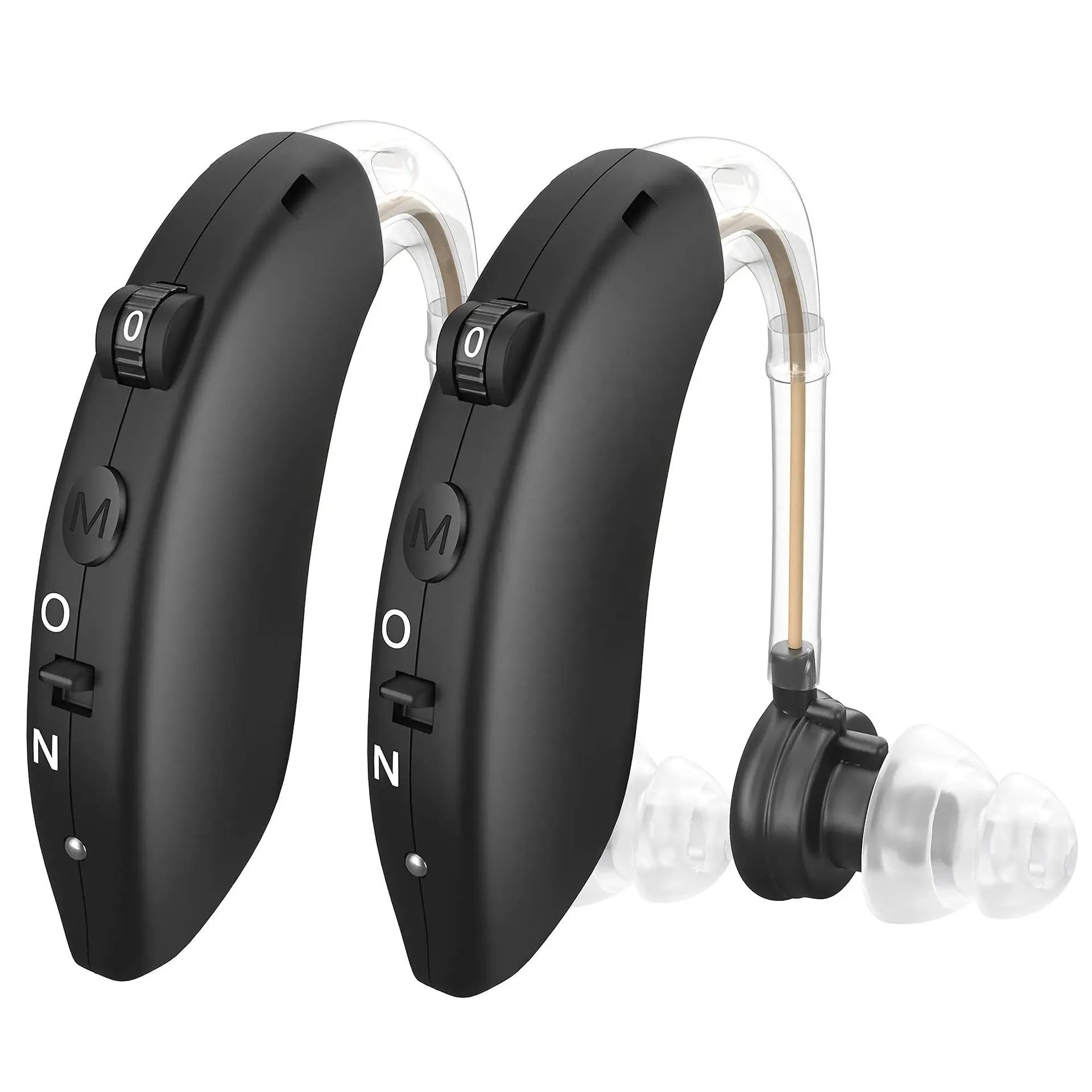 Black behind-the-ear hearing aid with noise reduction, USB powered, 60W