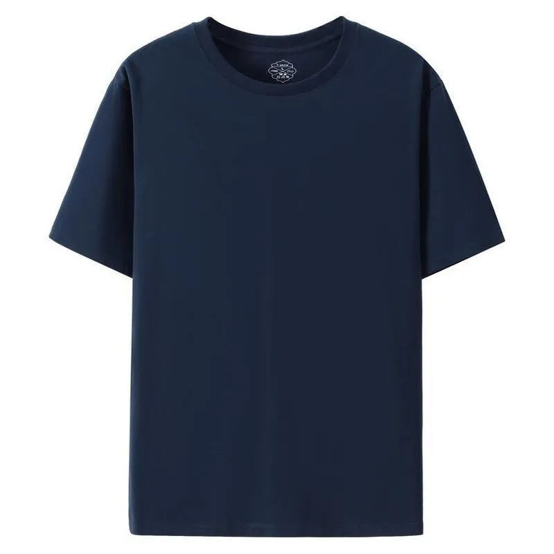 Men's black slim fit cotton round neck t-shirt with short sleeves on hanger