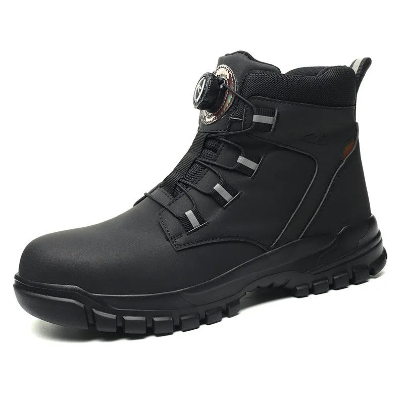 Leather safety work shoes with rubber sole, shown in black colour
