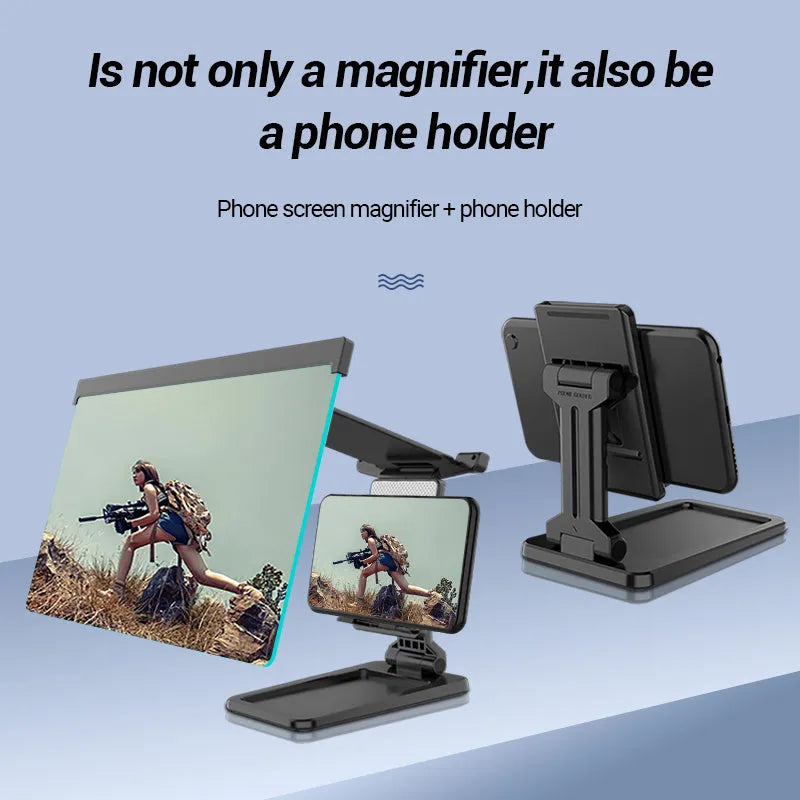 Black 12 inch mobile phone screen amplifier with detachable phone holder on desktop
