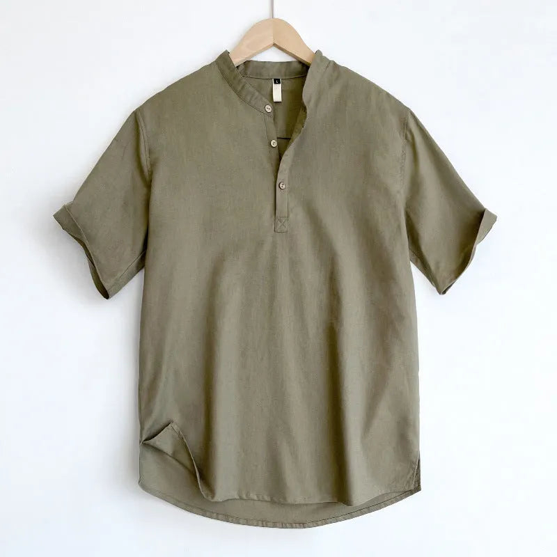 Men's solid colour short sleeve t-shirt in a cotton linen fabric blend on a hanger.