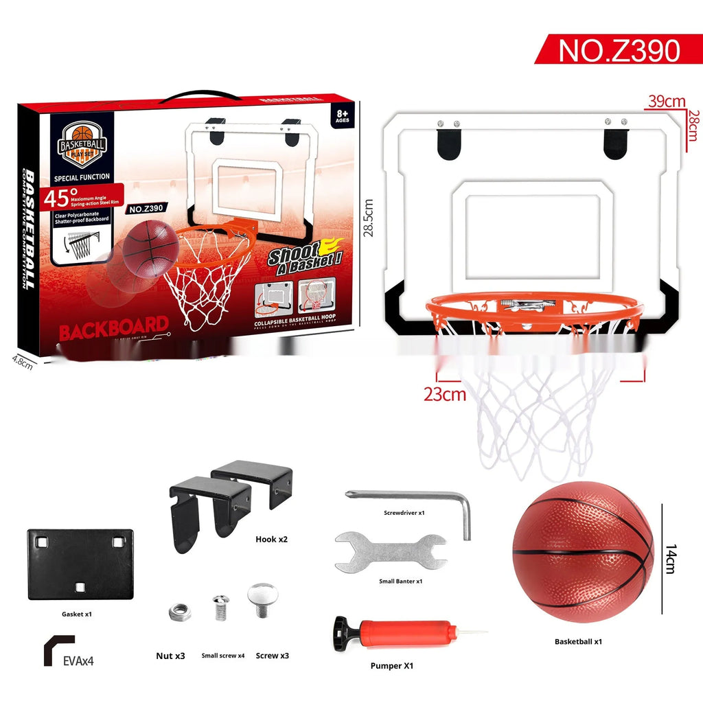 Red and blue folding basketball frame with dunking hoop and ball storage rack, shown with suction cups and hook.