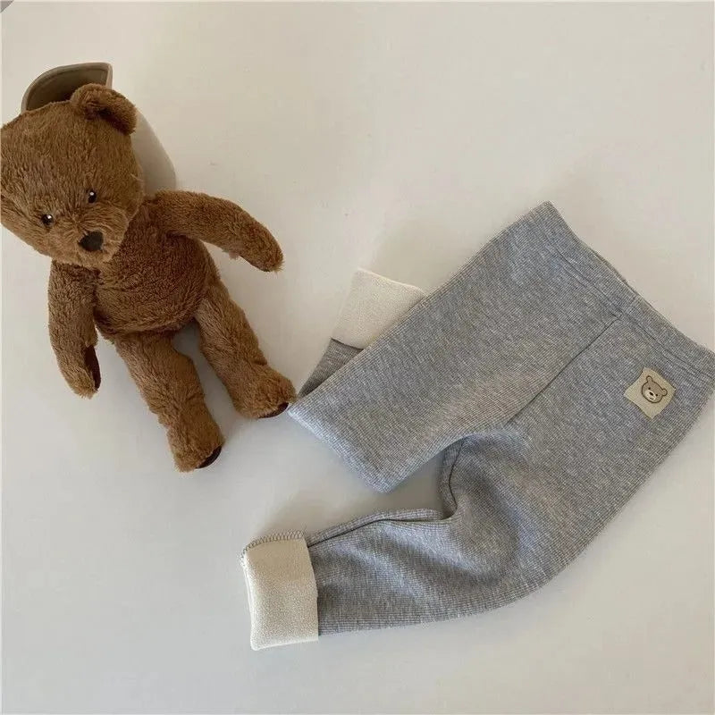 Girls' Korean style fleece-lined leggings in high waist design with elastic band