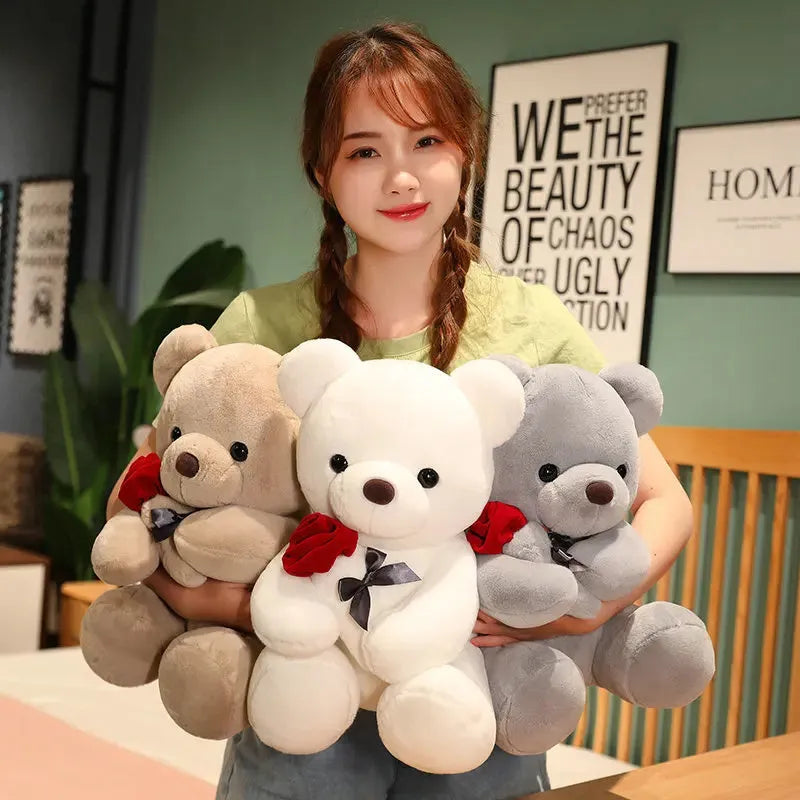 Rose bear plush teddy doll in beige, brown, or grey with PP cotton filling and multiple size options
