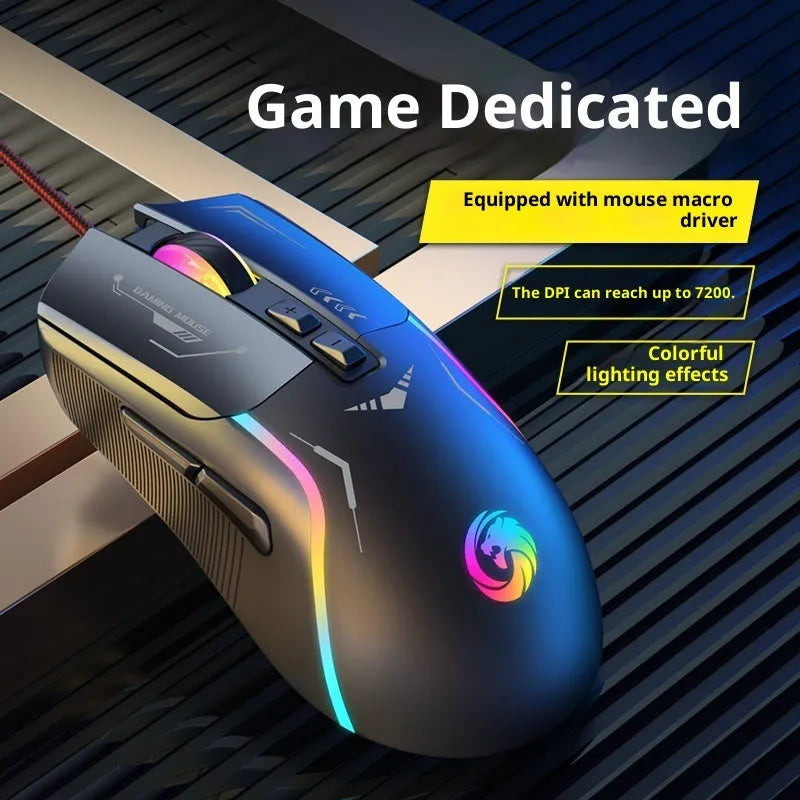 Gaming wired mouse in black with 1.5m cable and optical sensor on a desk