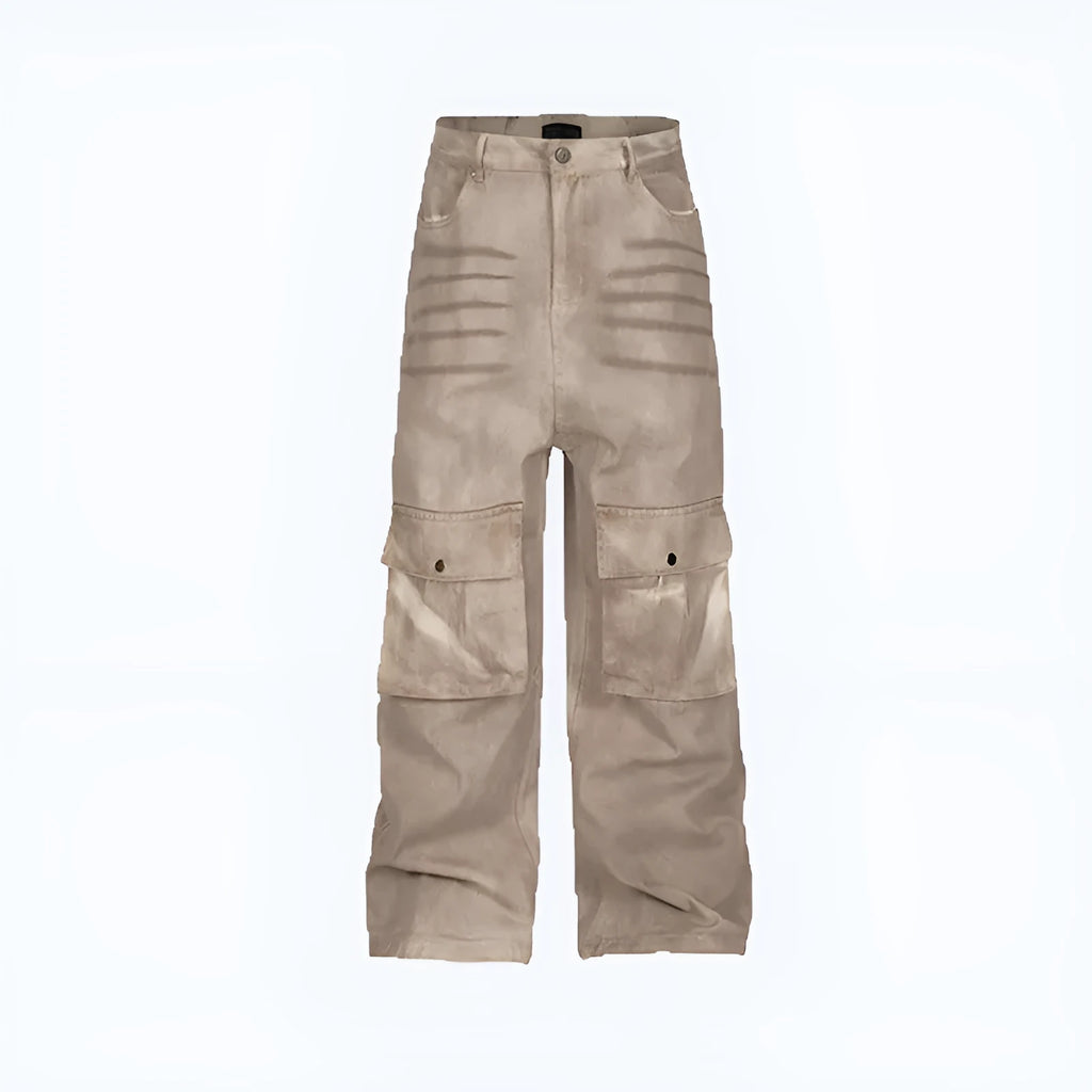 Women's dark marble wash straight leg loose fit denim casual trousers on a mid-waist