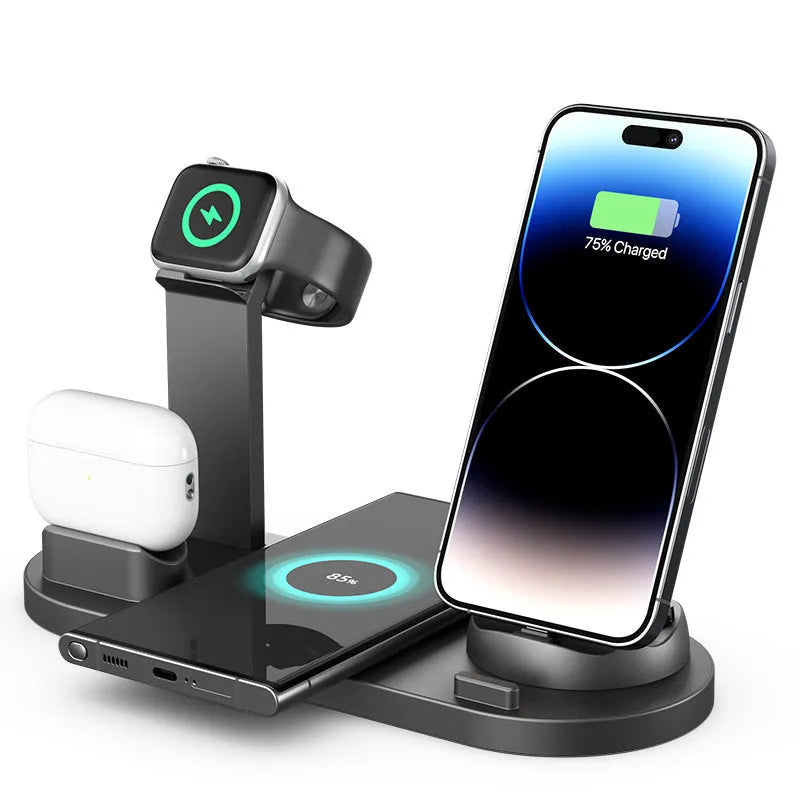 Black dual charging stand with wireless phone charger and wired base for headphones.