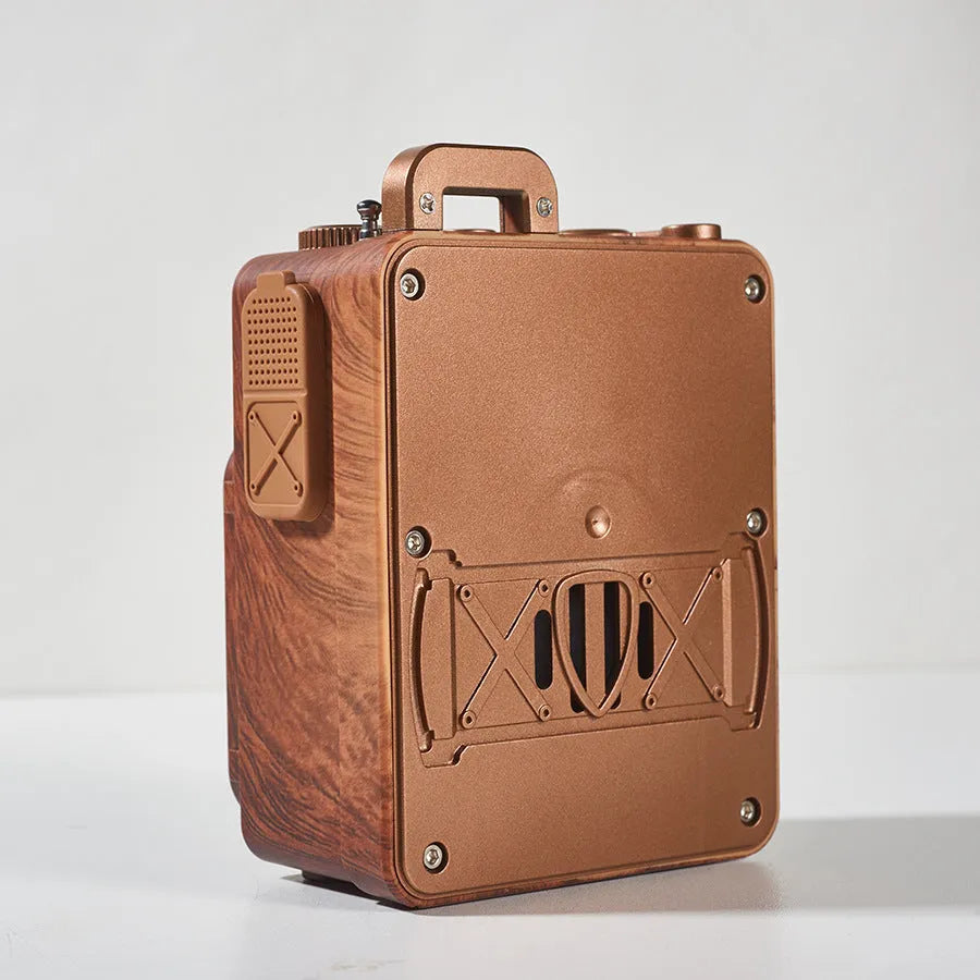Retro lightweight compact wireless Bluetooth speaker in rosewood gold finish with plastic shell
