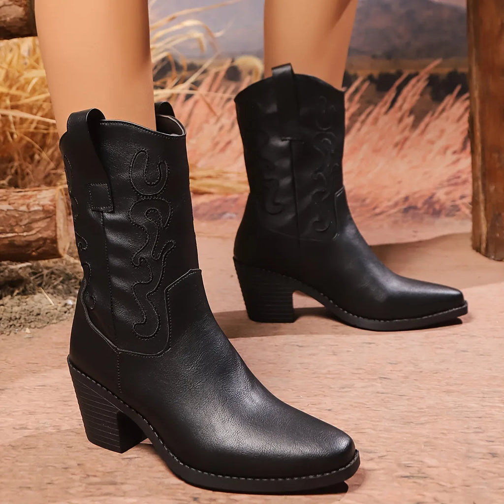 British style chunky heel mid-calf pointed toe plus size ankle boots in black and brown, PU upper, block heel