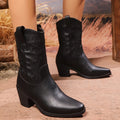 British style chunky heel mid-calf pointed toe plus size ankle boots in black and brown, PU upper, block heel