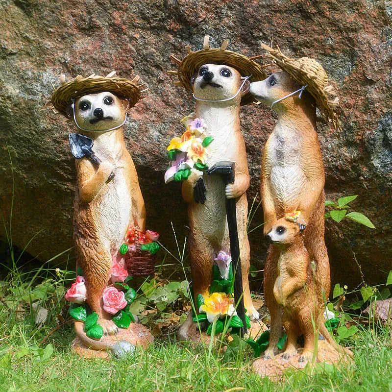 Synthetic resin straw hat mongoose garden ornament for bonsai and craft decoration.