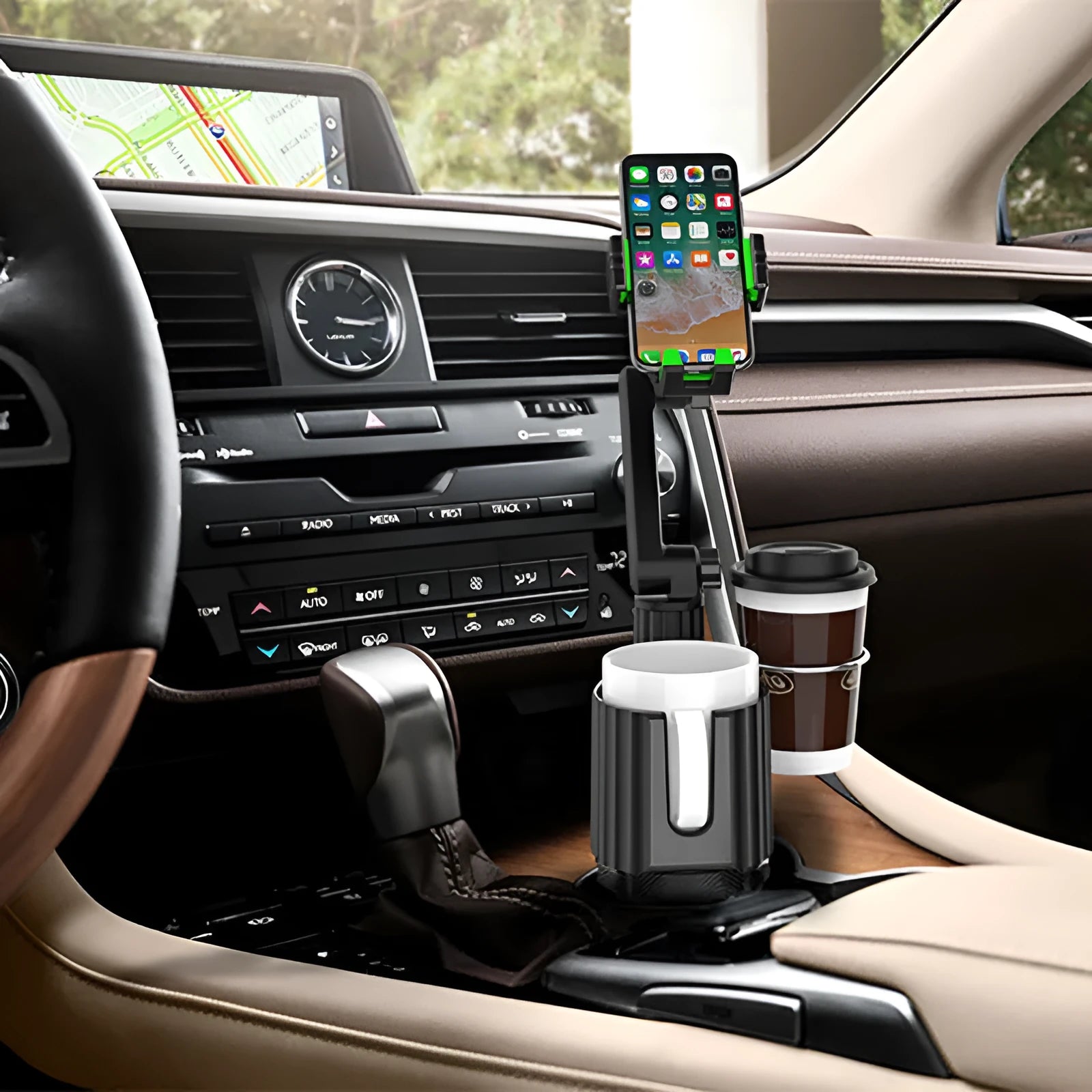 Green car kettle and mobile phone holder drink rack showing dual compartments for vehicle use
