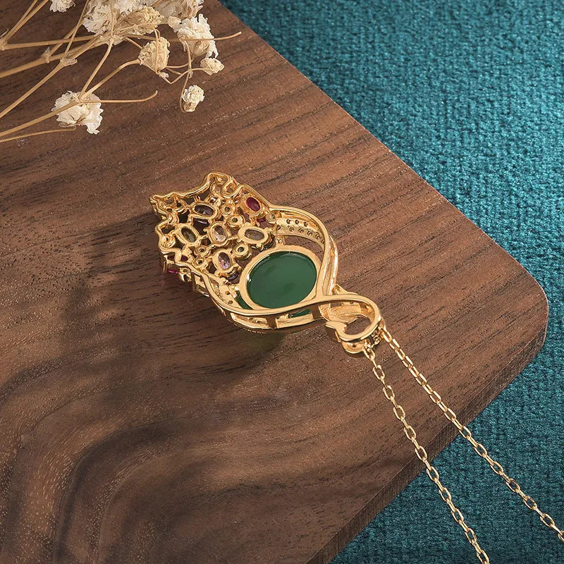 Green CP345 swan clavicle necklace with inlaid natural chalcedony and tourmaline in copper