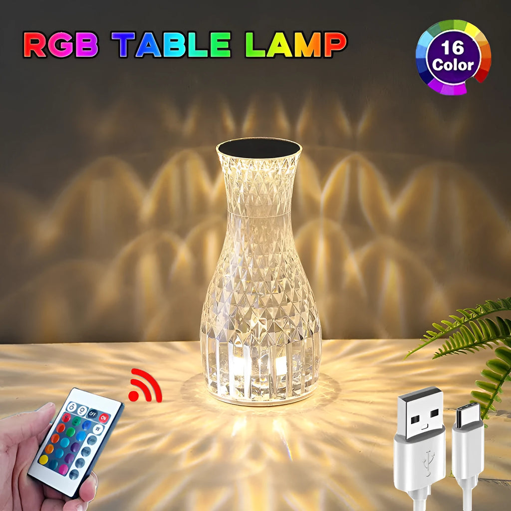 Vase shape crystal table lamp with USB charging port and remote control for bedside use