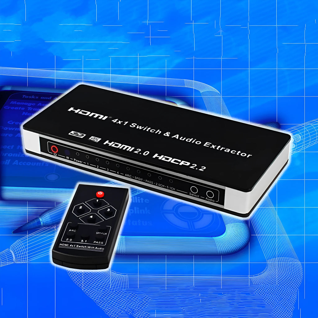 Black HDMI switch with remote control and connection cables for 4-in-1 video switching