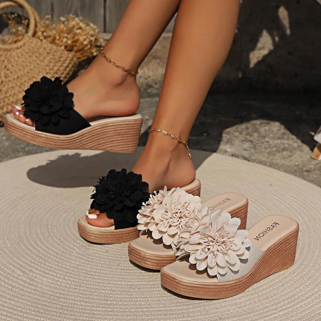 Women's flower design wedge sandals with PU upper, fish mouth toe, and rubber sole in white