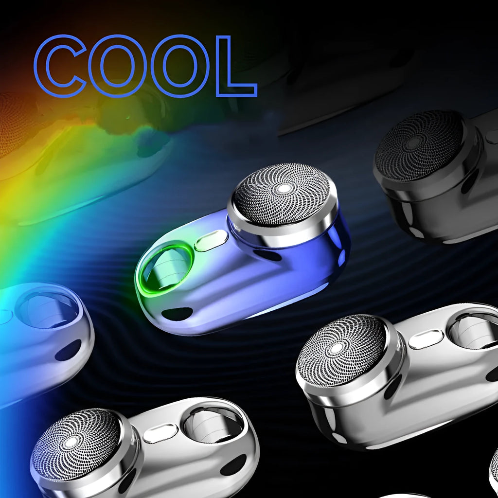 Travel mini shaver 85x46x45mm with USB charging, rotary head, and LED display